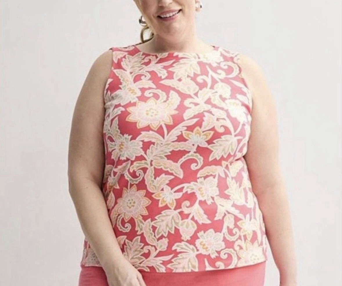 Plus Size Croft & Barrow Floral Bateau Neck Tank Top Coral Pink 3X Cotton New
