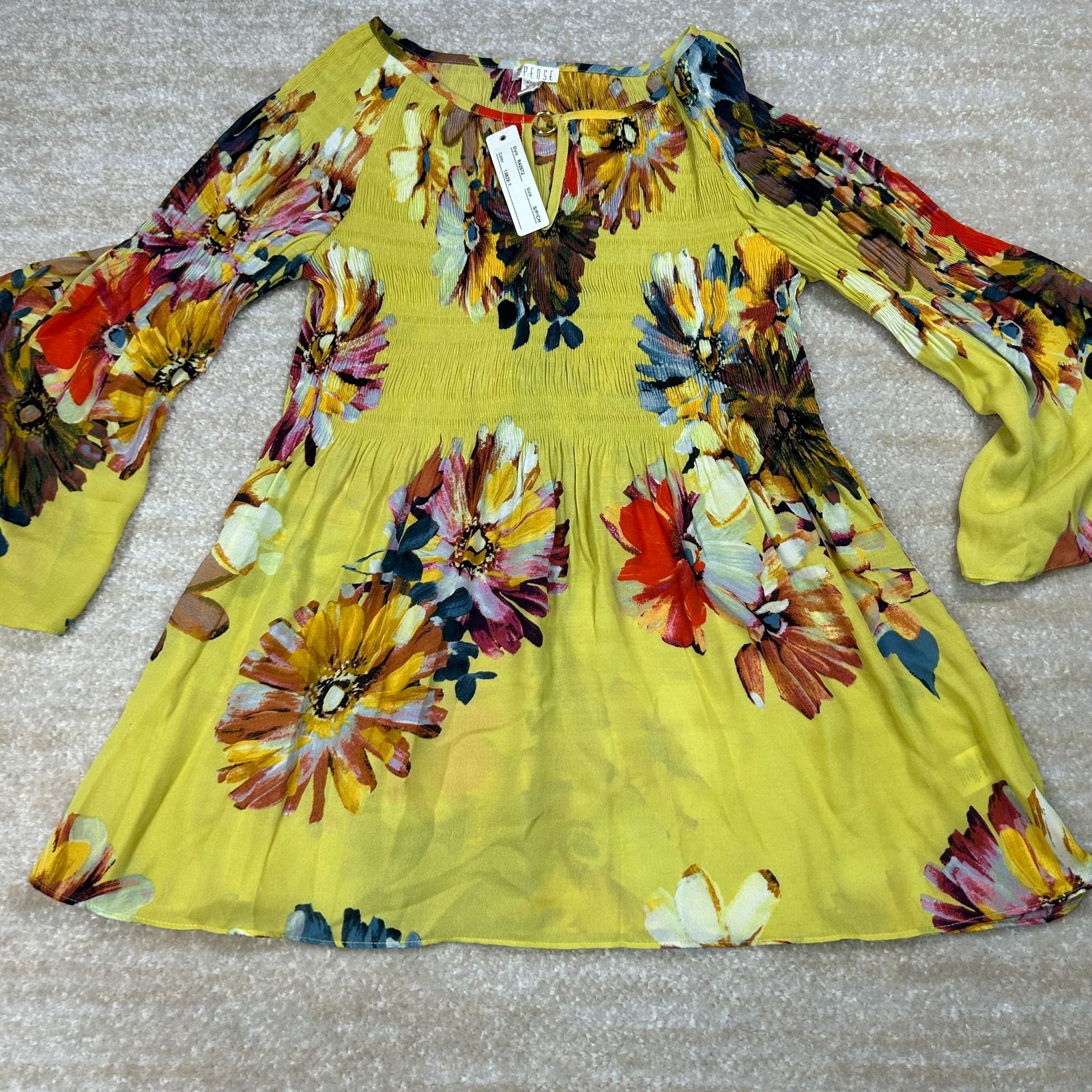 Spense Blouse Womens S Yellow Floral Smocked Bell Sleeve Keyhole Ring Boho