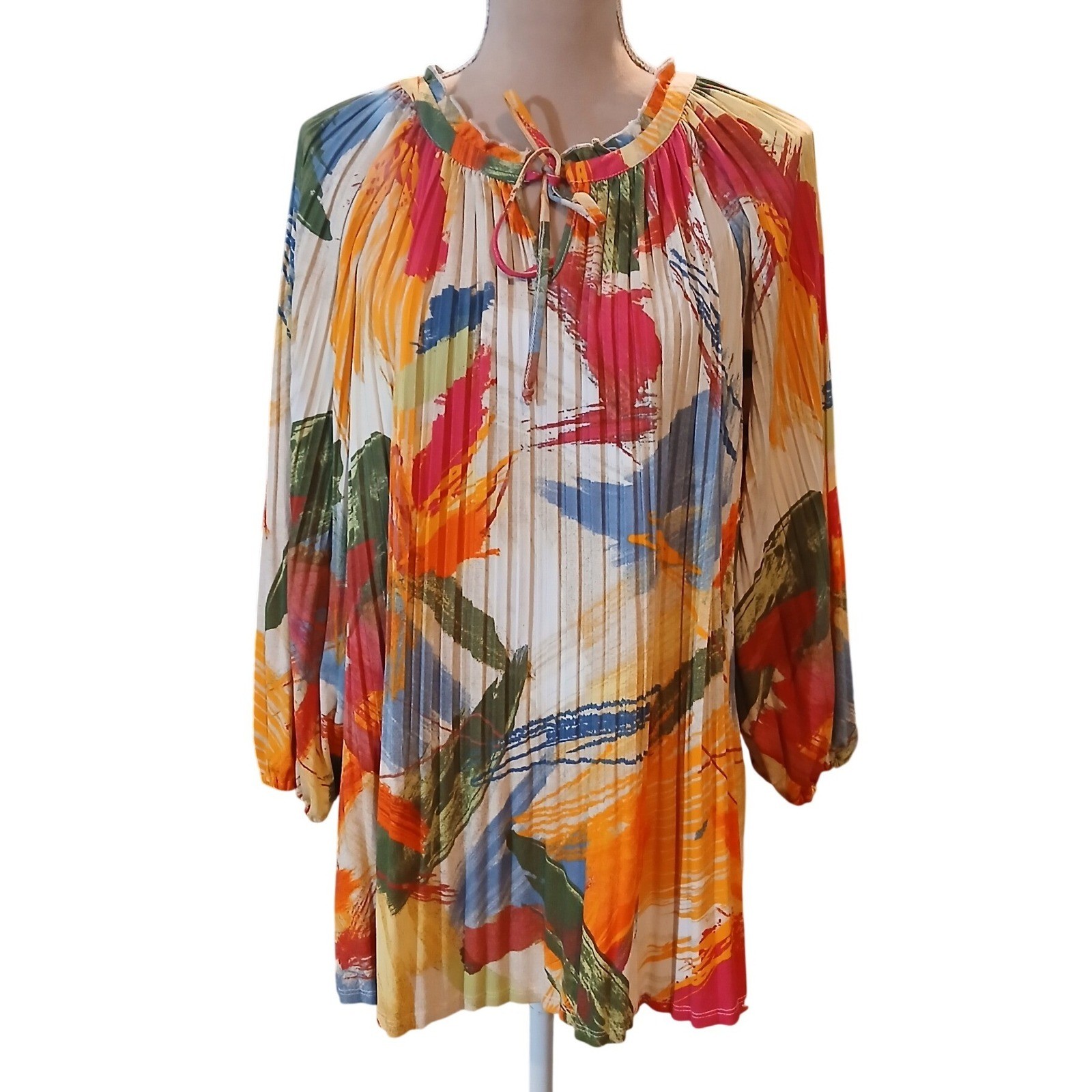 Investments Woman 2X Blouse Abstract Art to Wear Multi Color Pleated Tie Top