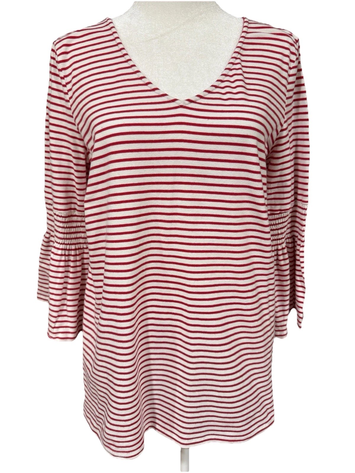 Coverstitched Red Striped Top. Patriotic Nautical Bell Sleeves Strappy Back L