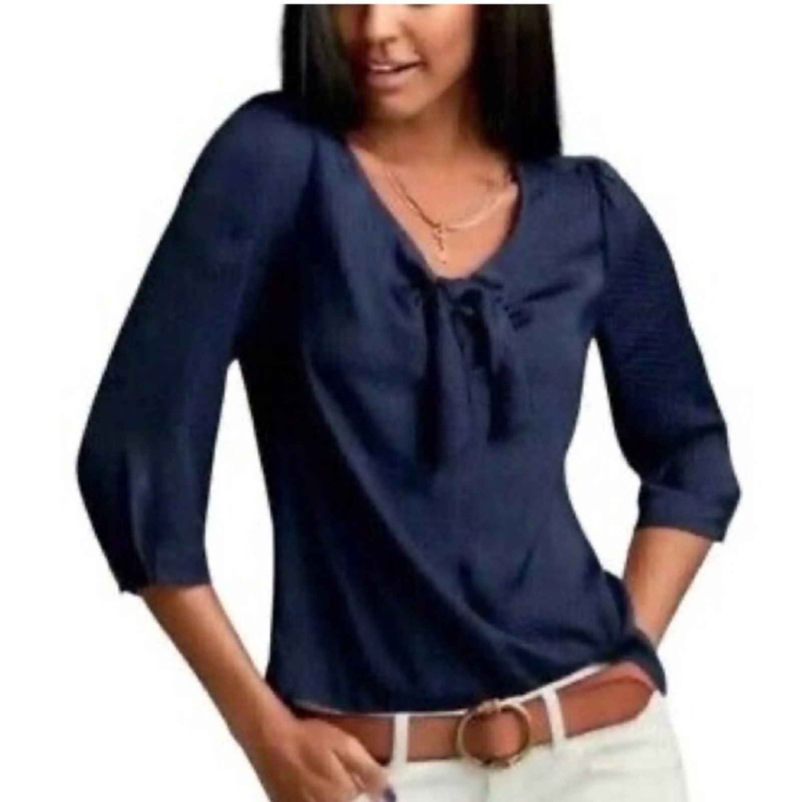 Cabi navy blue swiss dot knot tie front top size Small #5525
