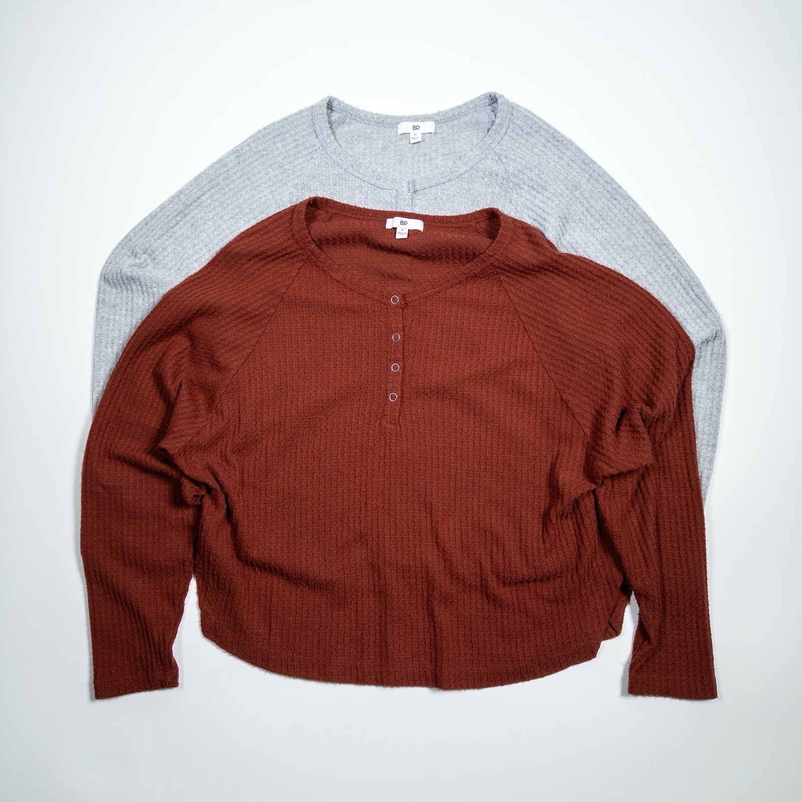 BP Nordstrom Waffle Knit Henley Tops Bundle Rust & Gray Women’s M Long Sleeve