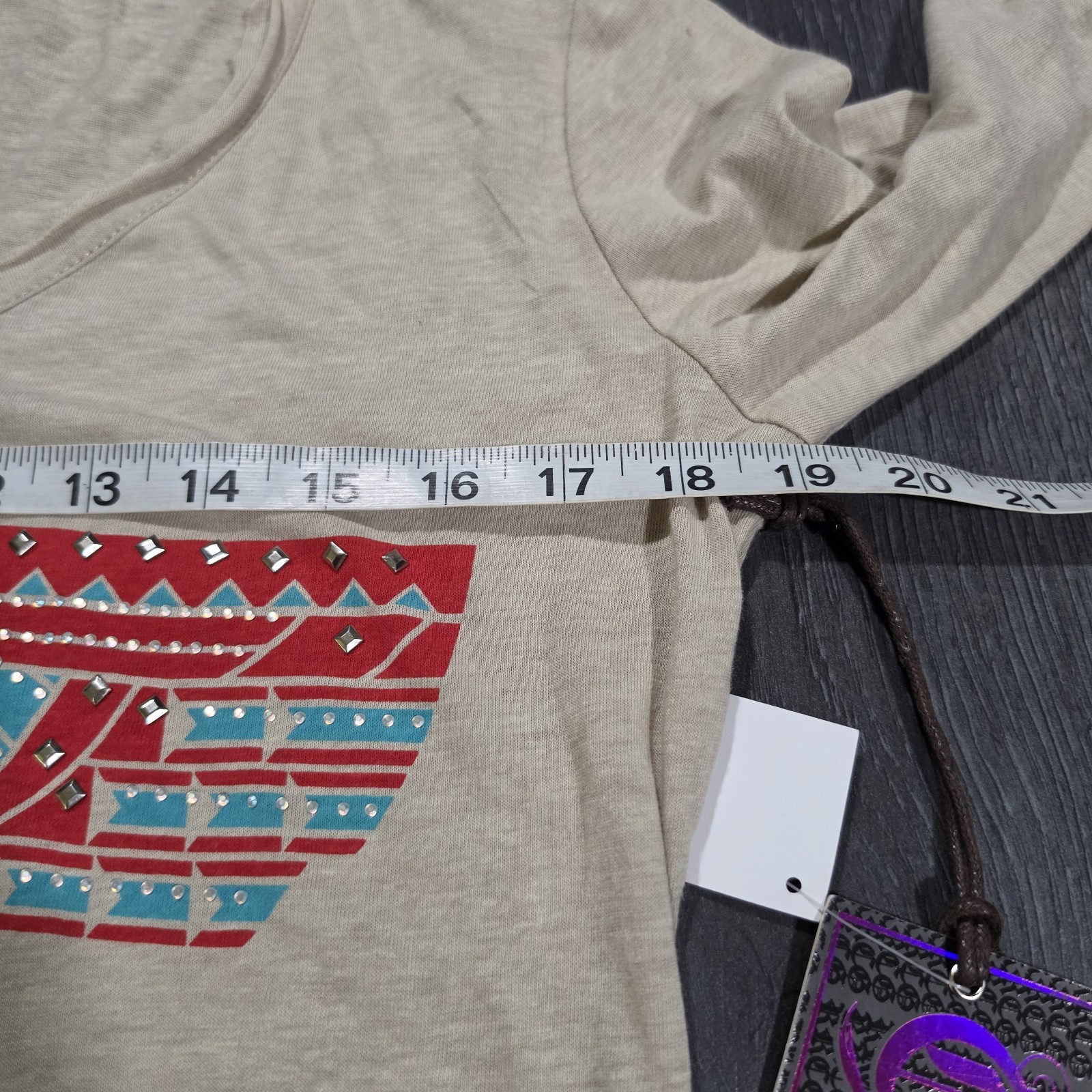 NWT Rock & Roll Cowgirl Fringe T Shirt Women L Tan Native Thunderbird Aztec