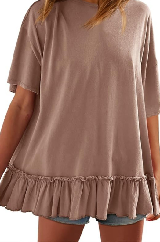 WOMENS SHORT SLEEVE PEPLUM SHIRT WITH RUFFLES LIGHT BROWN XL