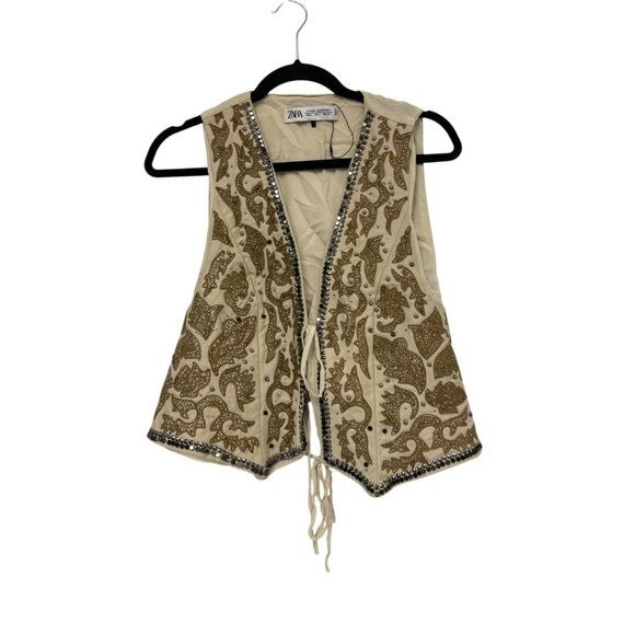 Zara Womens Vest Large S Ecru Embroidered Studded Limited Ed 7521/101 NWT