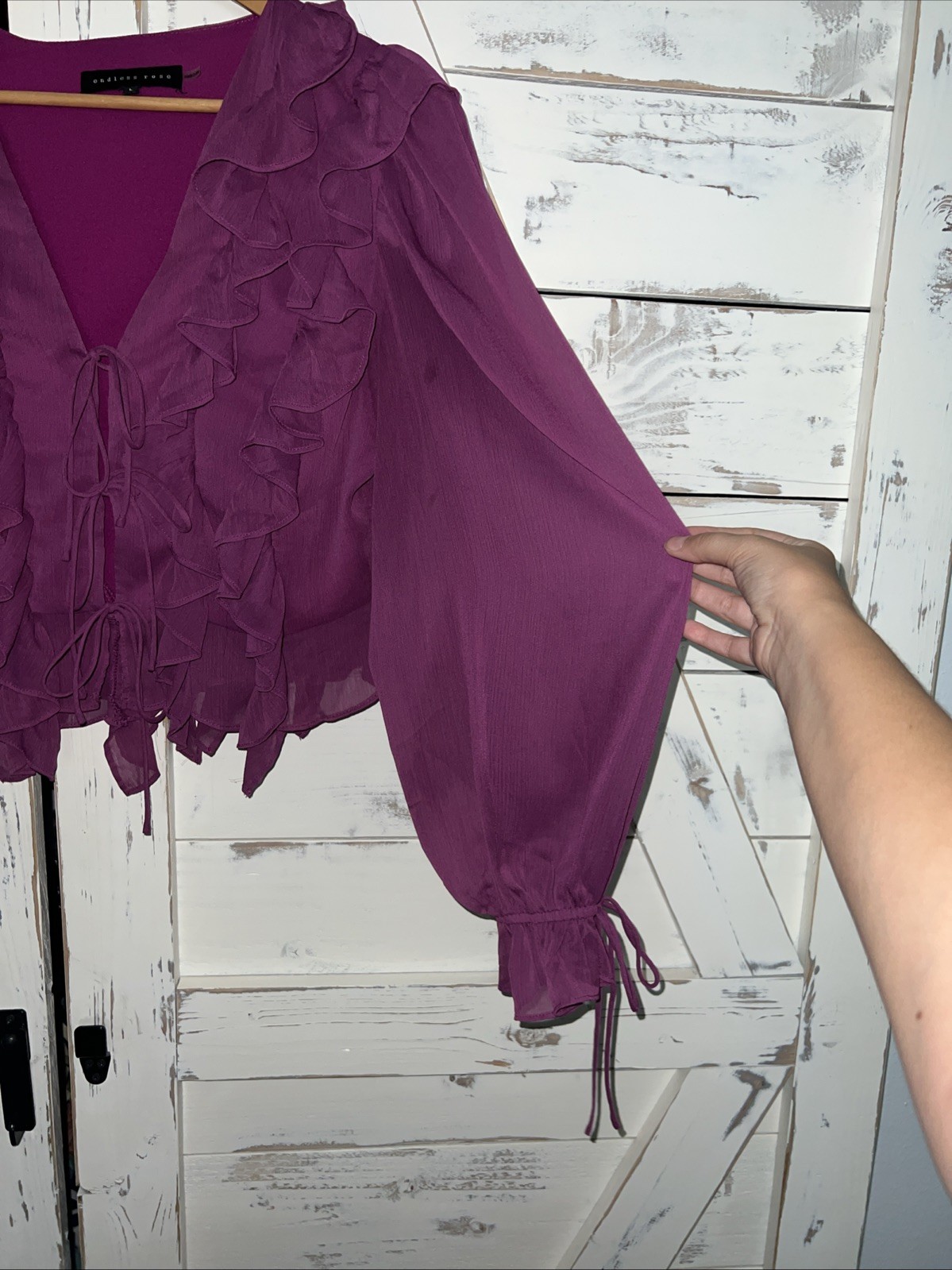 Endless Rose Shirt Fuschia Pink Tie Front V Neck Ruffle Bell Slv Sheer Sz L NWOT