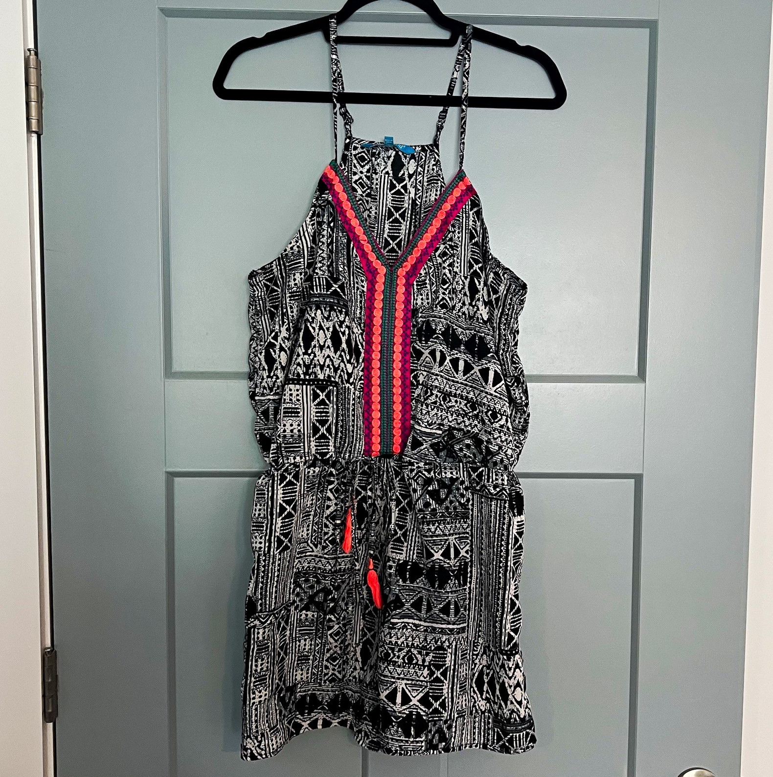 Blue Island Romper Women’s L Boho Tribal Embroidered Tassel Waist Festival