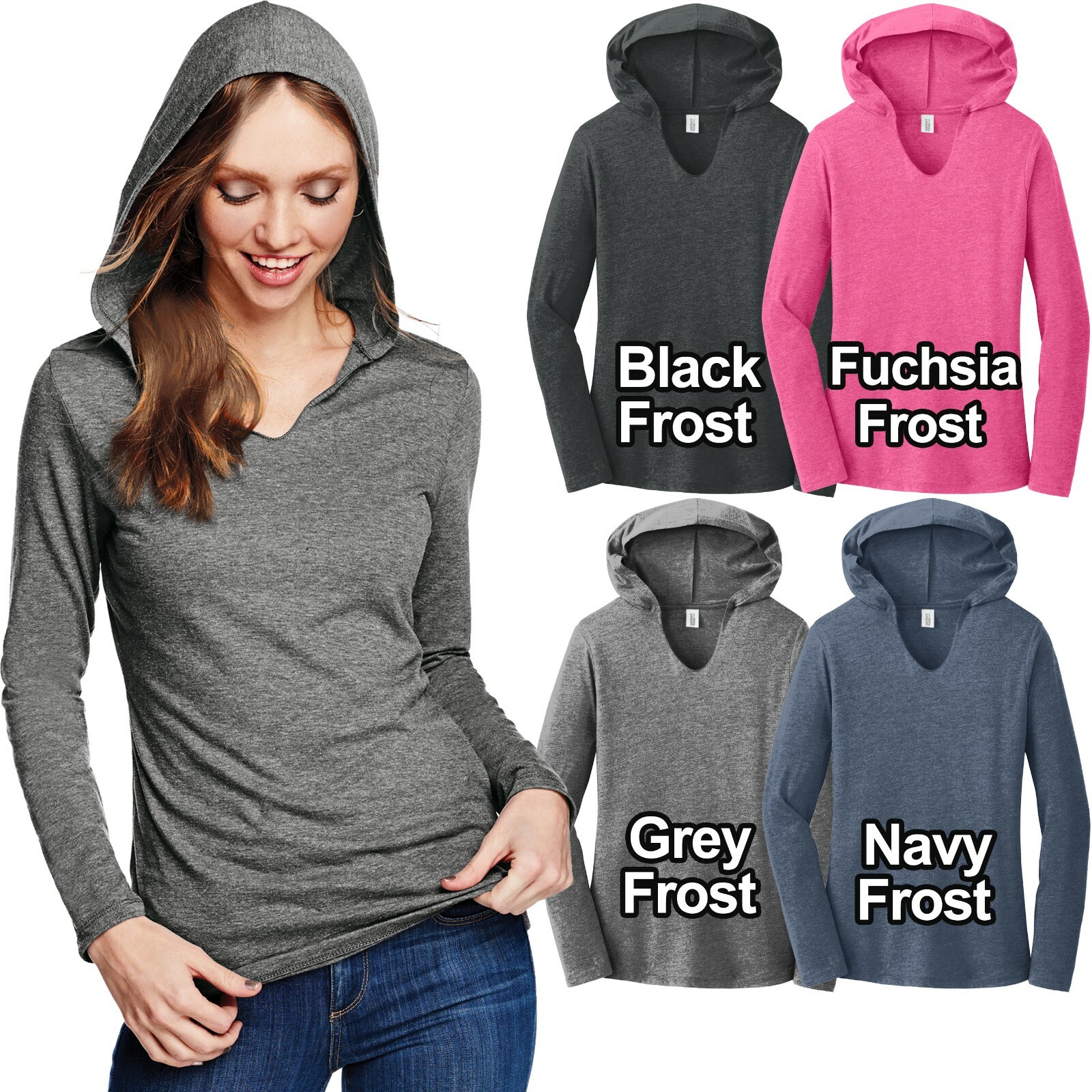 Ladies Long Sleeve Hooded T-Shirt Lightweight Tri Blend Womens XS-XL 2X, 3X, 4X