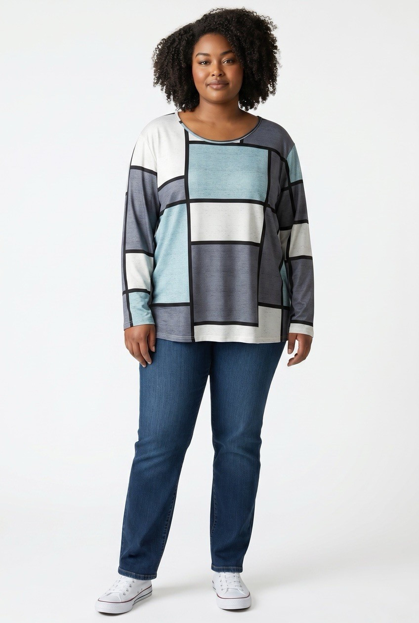 Women’s Plus 5XL Multicolor Colorblock Round Neck Long Sleeve Pullover Top