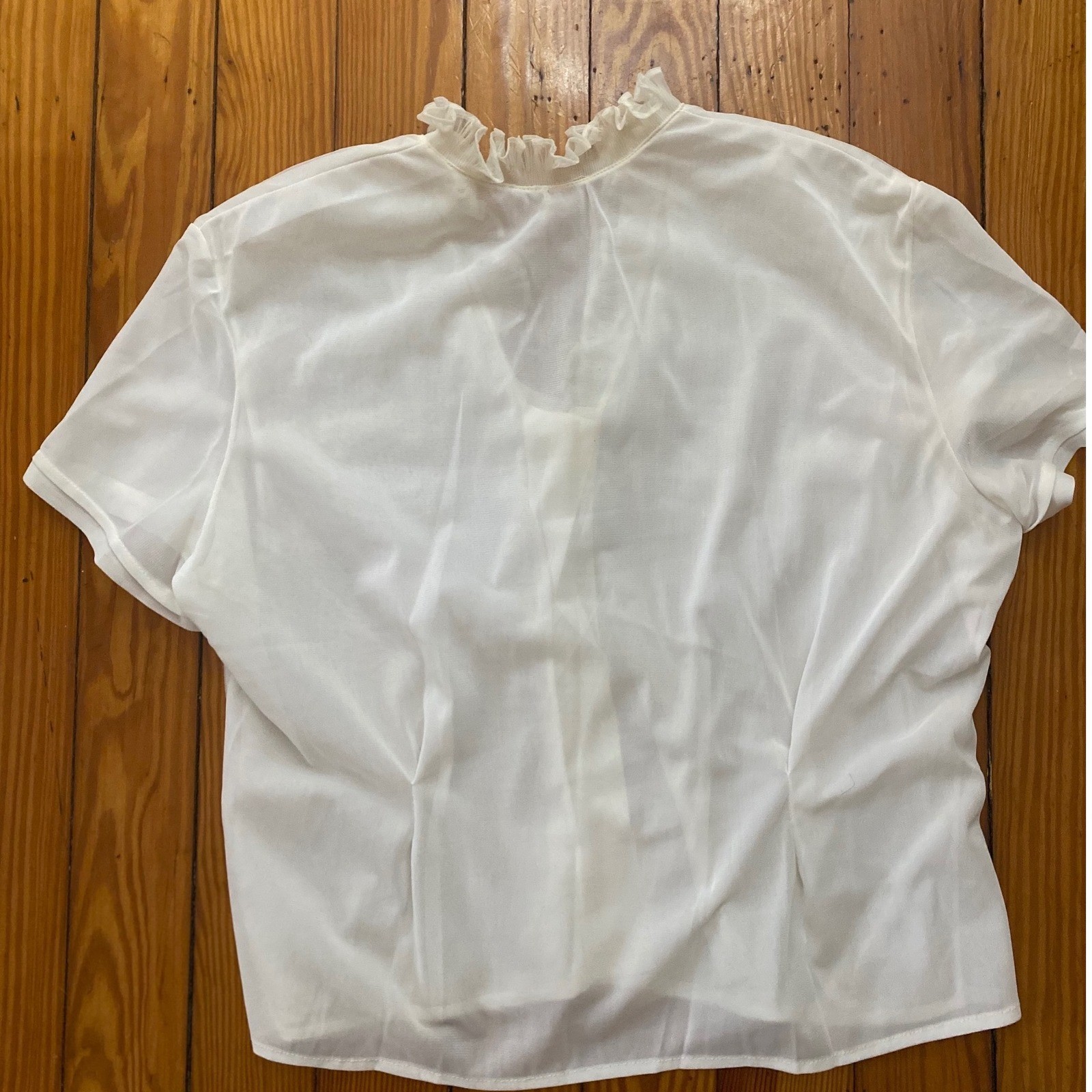 50’s VTG White Sheer Ruffle V-Neck Blouse Rhinestone Button feminine roka