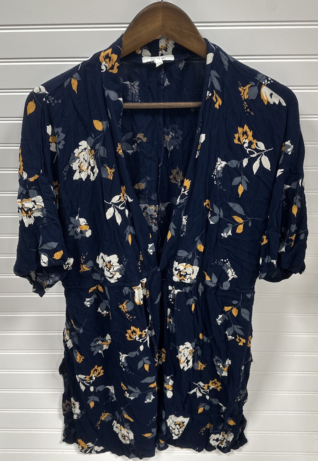 Maurices Womens Small Blue White Yellow Floral Tie Front Flutter Sleeve Blouse