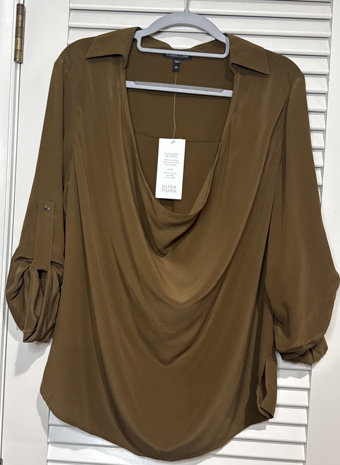 Eileen Fisher Collared Cowl Neck Silk Bronze Lightweight Machine Wash Blouse XS