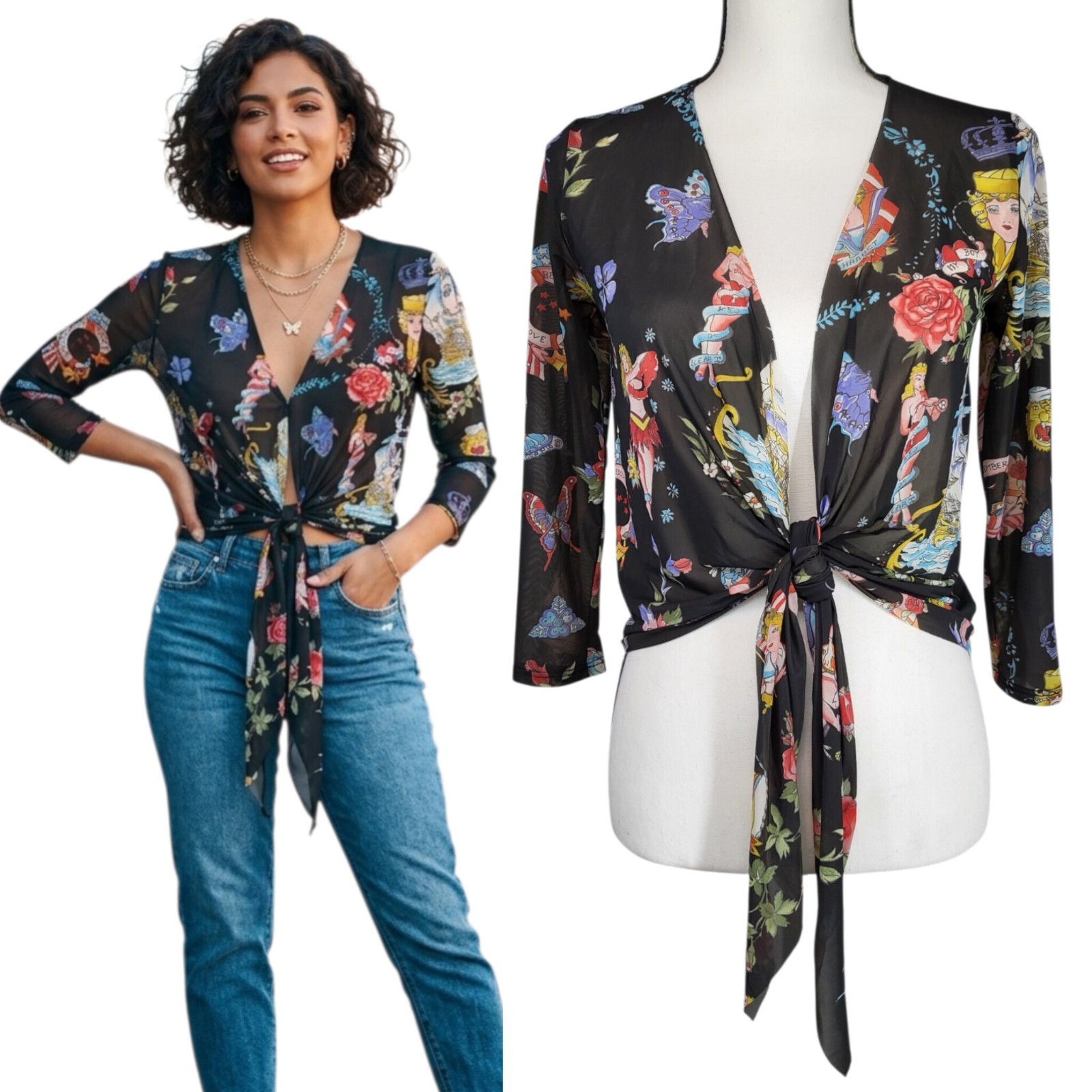 Only Hearts NYC Mesh Tie-front Top Tattoo Print Pin Up Rockabilly Cowboycore M/L