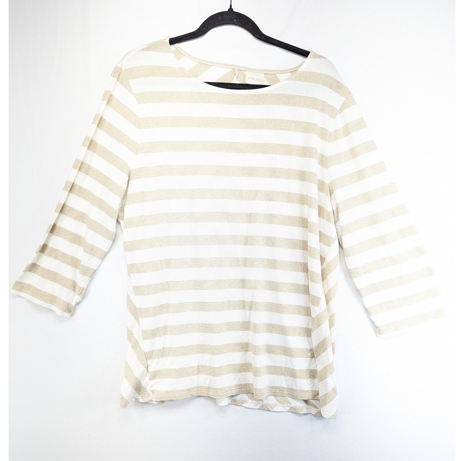 Chicos Womens Metallic Gold Striped Chevron Back 3/4 Sleeve Knit Top White L