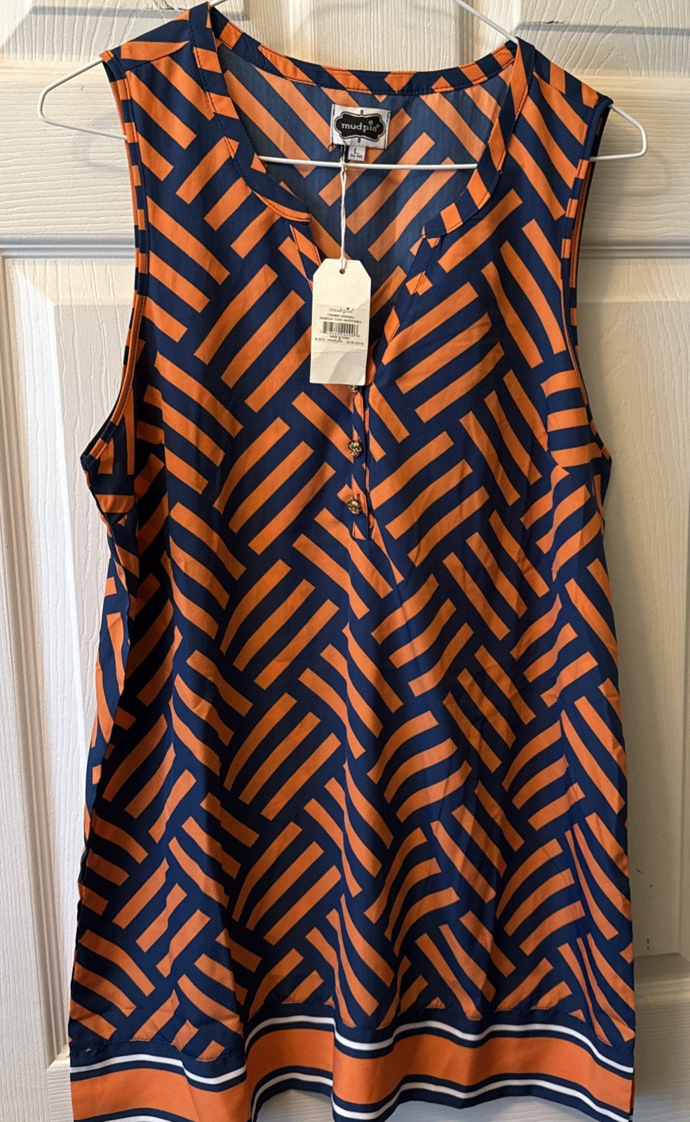 NWT! Navy + Orange MUD PIE Sleeveless TUNIC TOP Gameday BLOUSE ~ LARGE 12 – 14