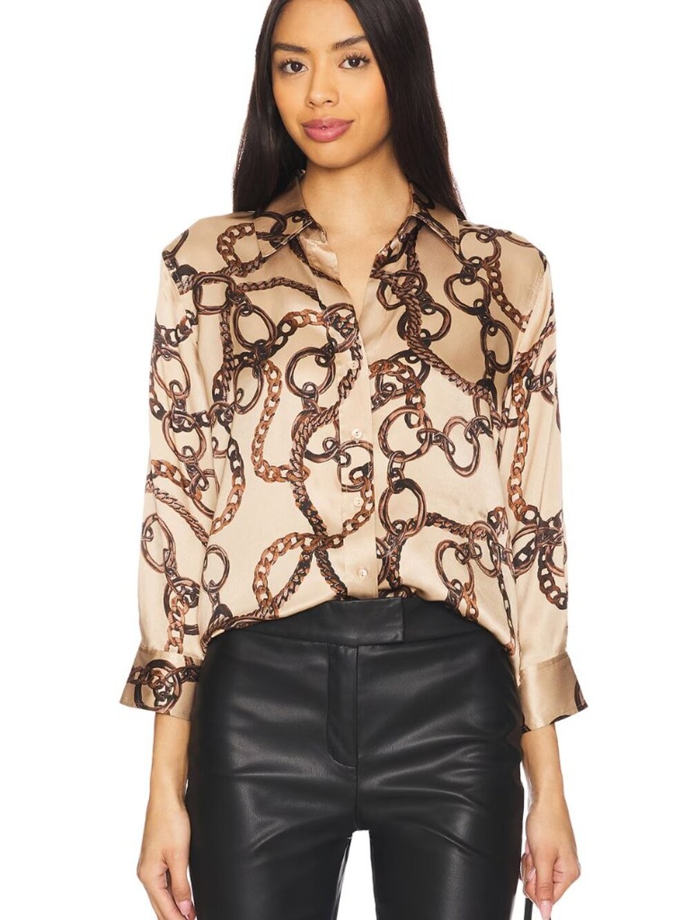 L’AGENCE Dani 3/4 Sleeve Silk Blouse in Almond & Brown Oversized Chain S NWT