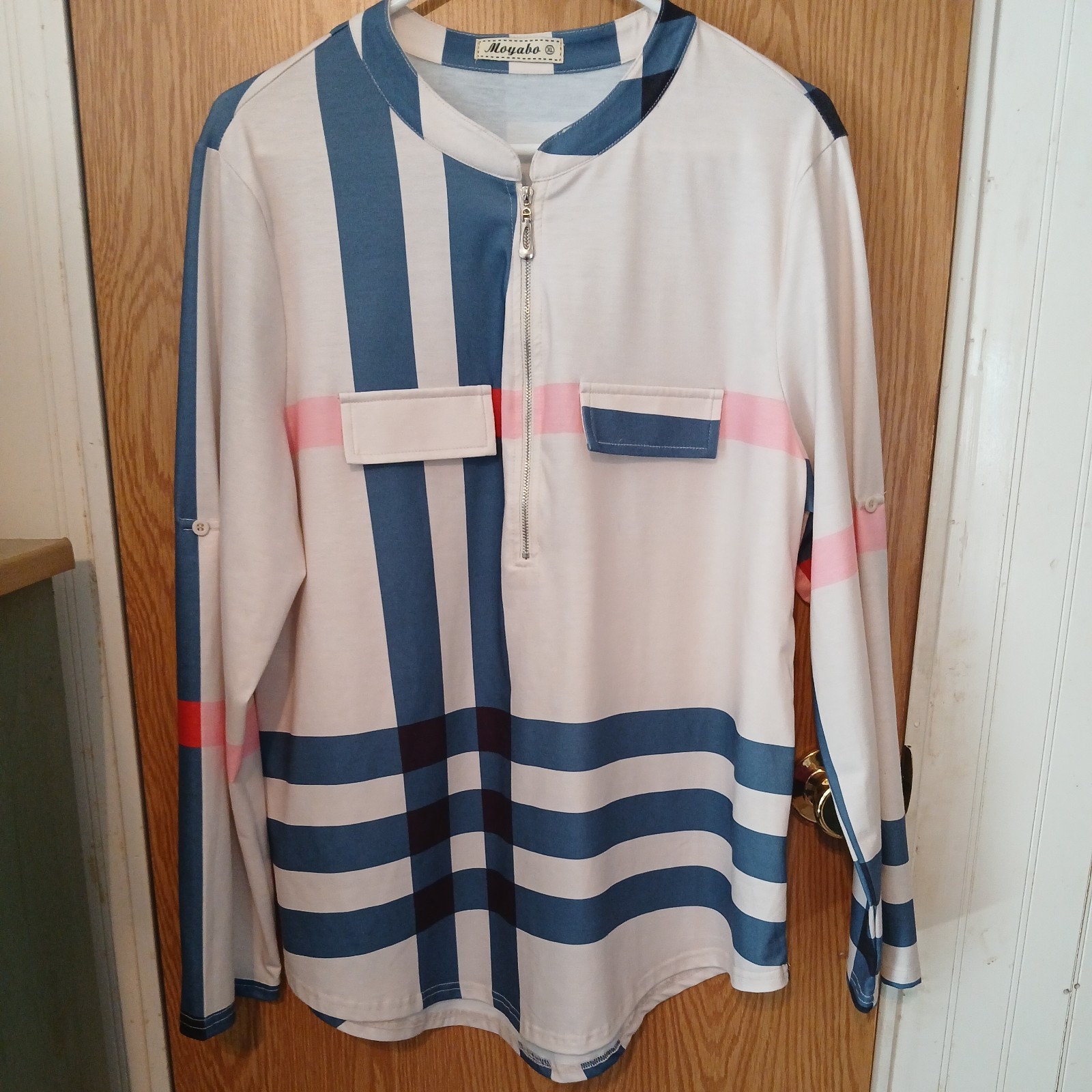 Moyabo Tunic Blouse Top White Pink Blue Stripe Tunic Shirt 3/4 Sleeve Size XL
