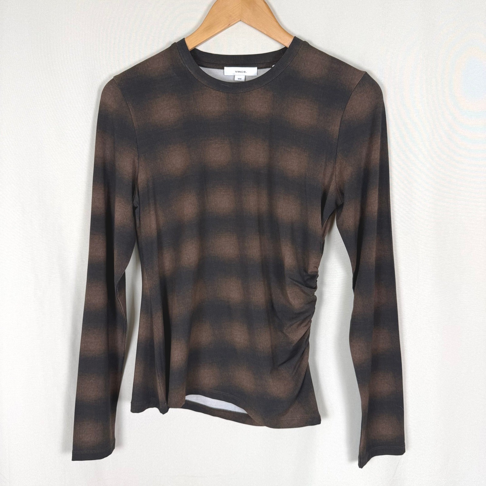 NWT Vince Deep Walnut Plaid Side Drape Long Sleeve Crew Knit Top Medium $165