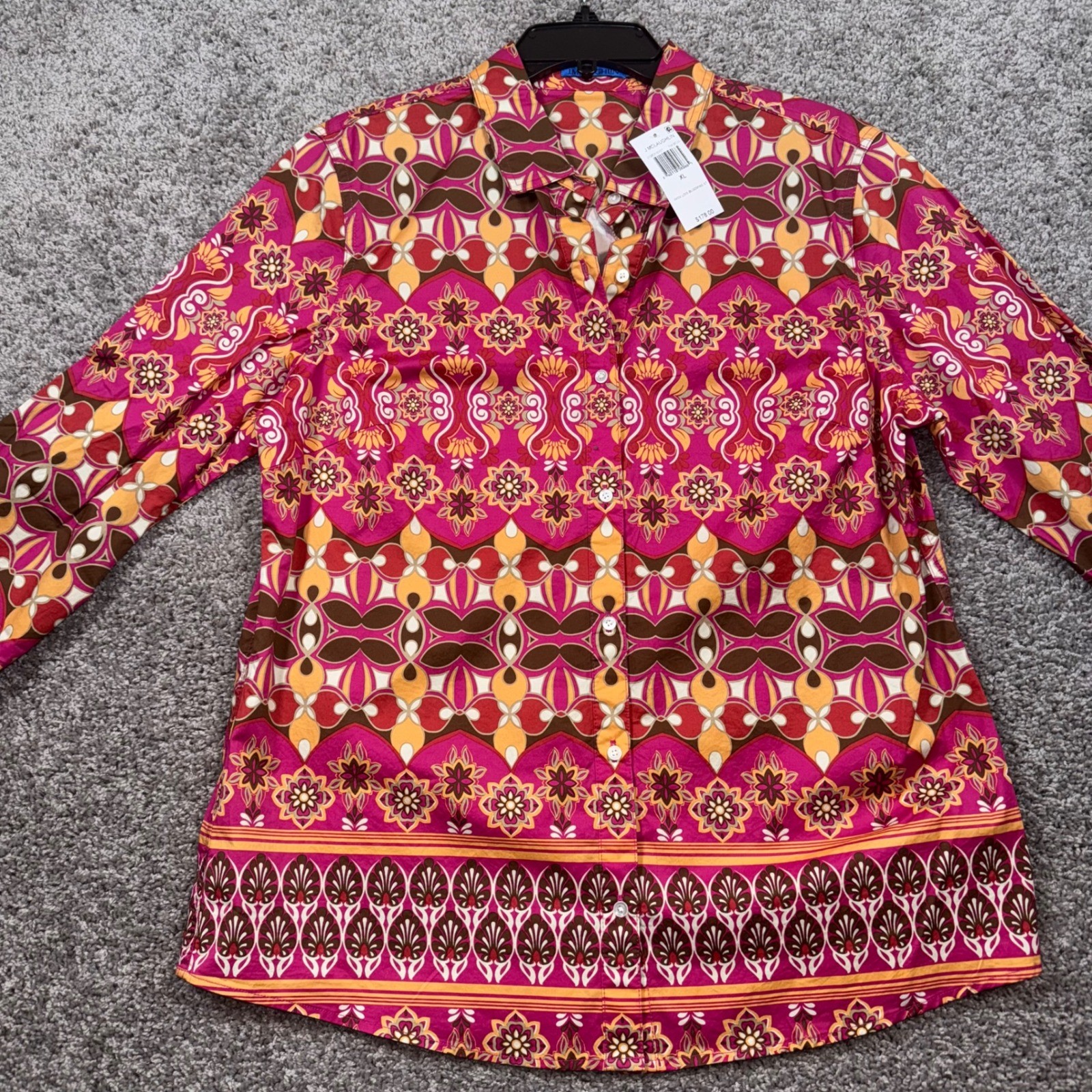 J. McLaughlin Lois Blouse Womens XL Pink Brown Geometric Stretch Sateen NEW