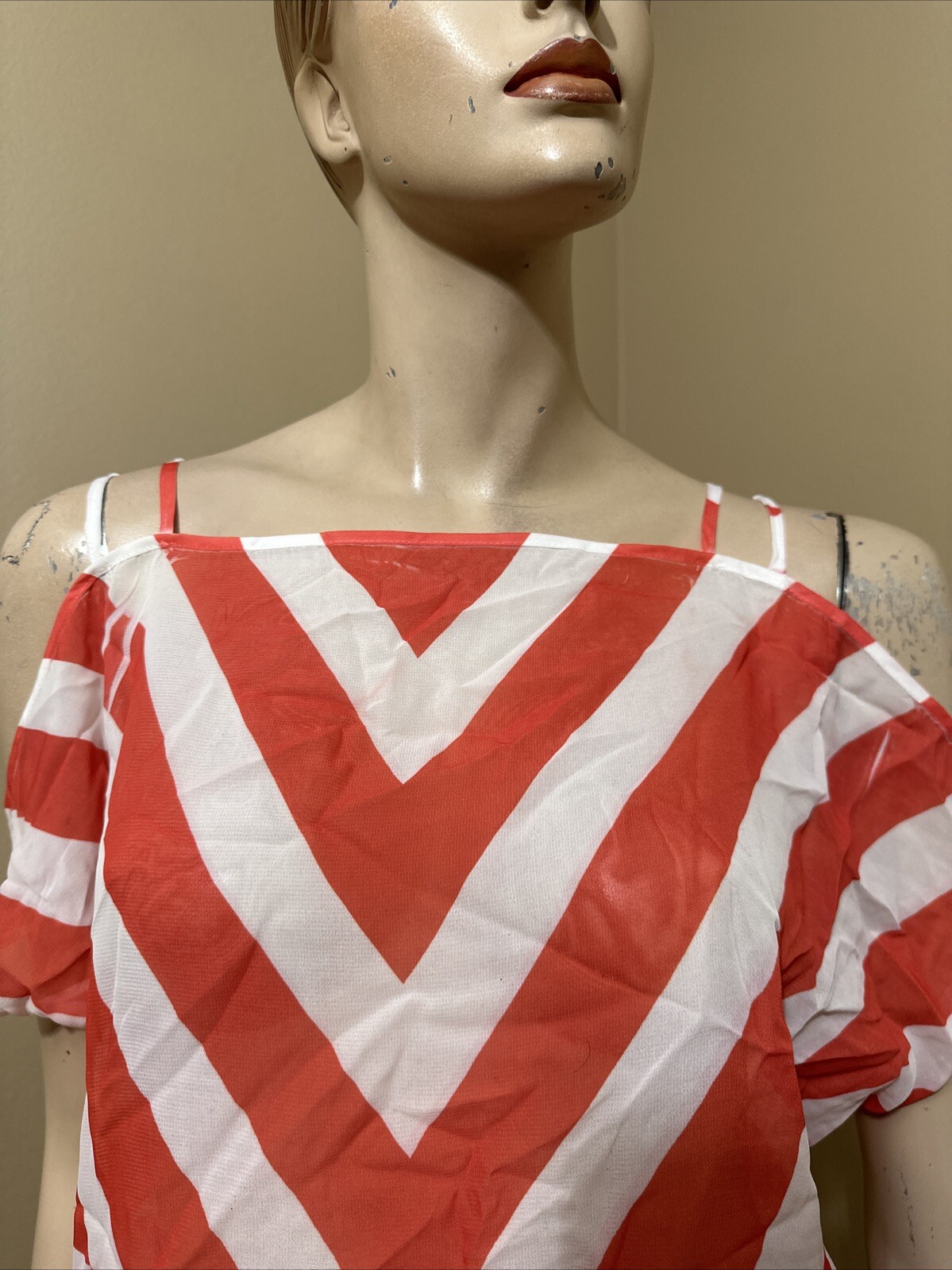 Women’s White Red Striped Polyester Casual Summer Open Elastic Waist Size L Top