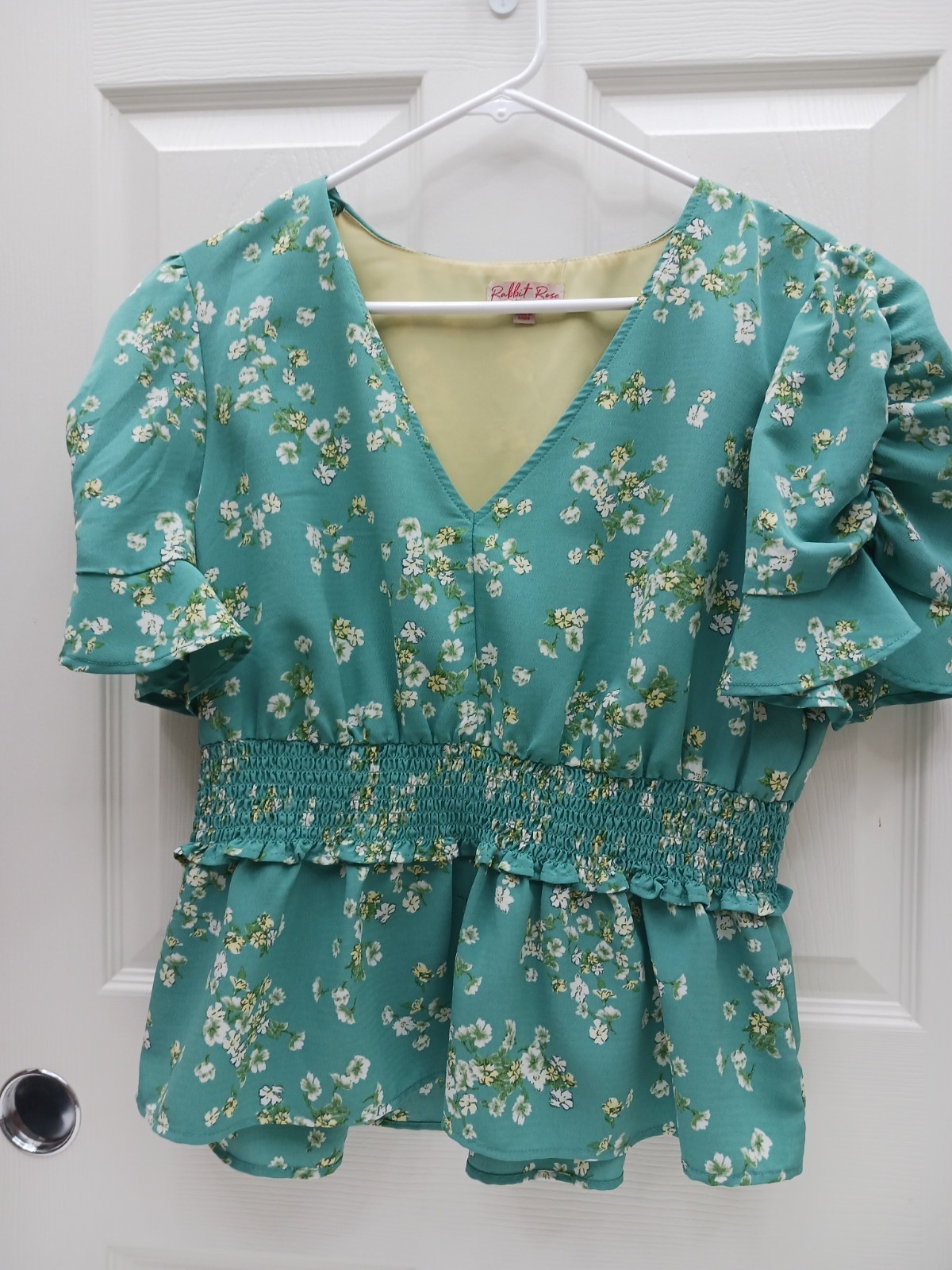 Rabbit Rose XL Teal Floral Blouse Cottagecore Romantic Puff Sleeve Smocked Waist