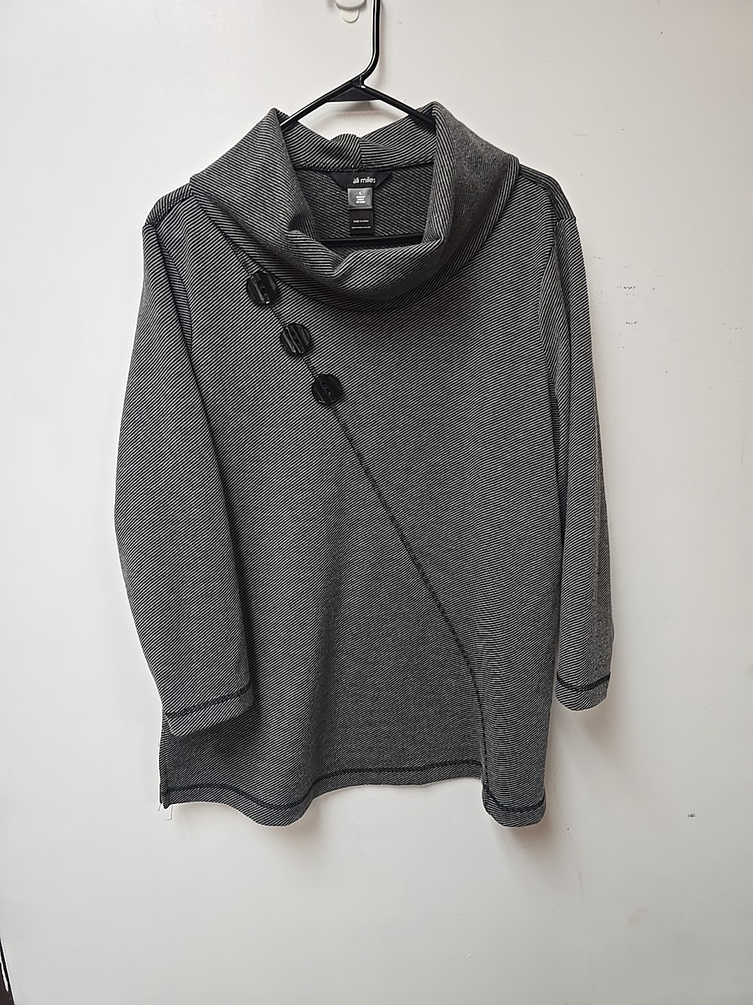 ​Ali Miles Tunic Pullover Cowl Neck Buttons Gray Black Striped Stretch Top Large