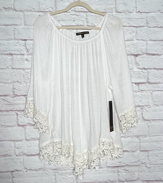 1X/2X/3X New Crisp White Gauze Peasant Top Boho Lace Blouse Tunic