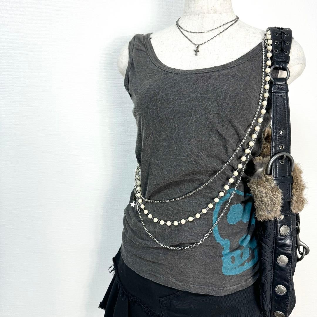 Hysteric Glamour 00s Vintage Gray Cotton Tank Top Pearl Chain Skull Logo
