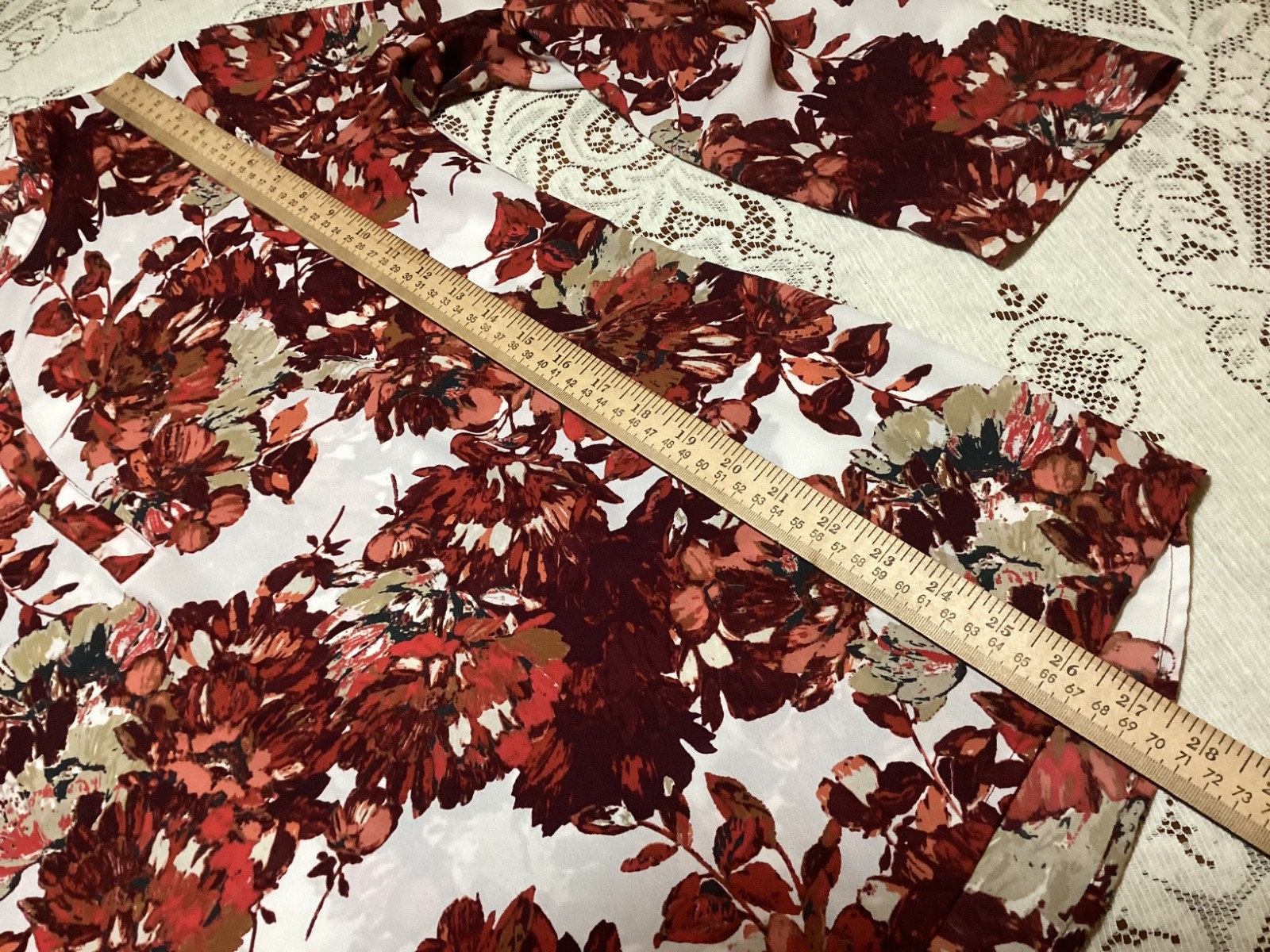 FALL Van Heusen L/XL Tunic Top Floral Leaves Burgandy Orange Brown Adjust Tabs