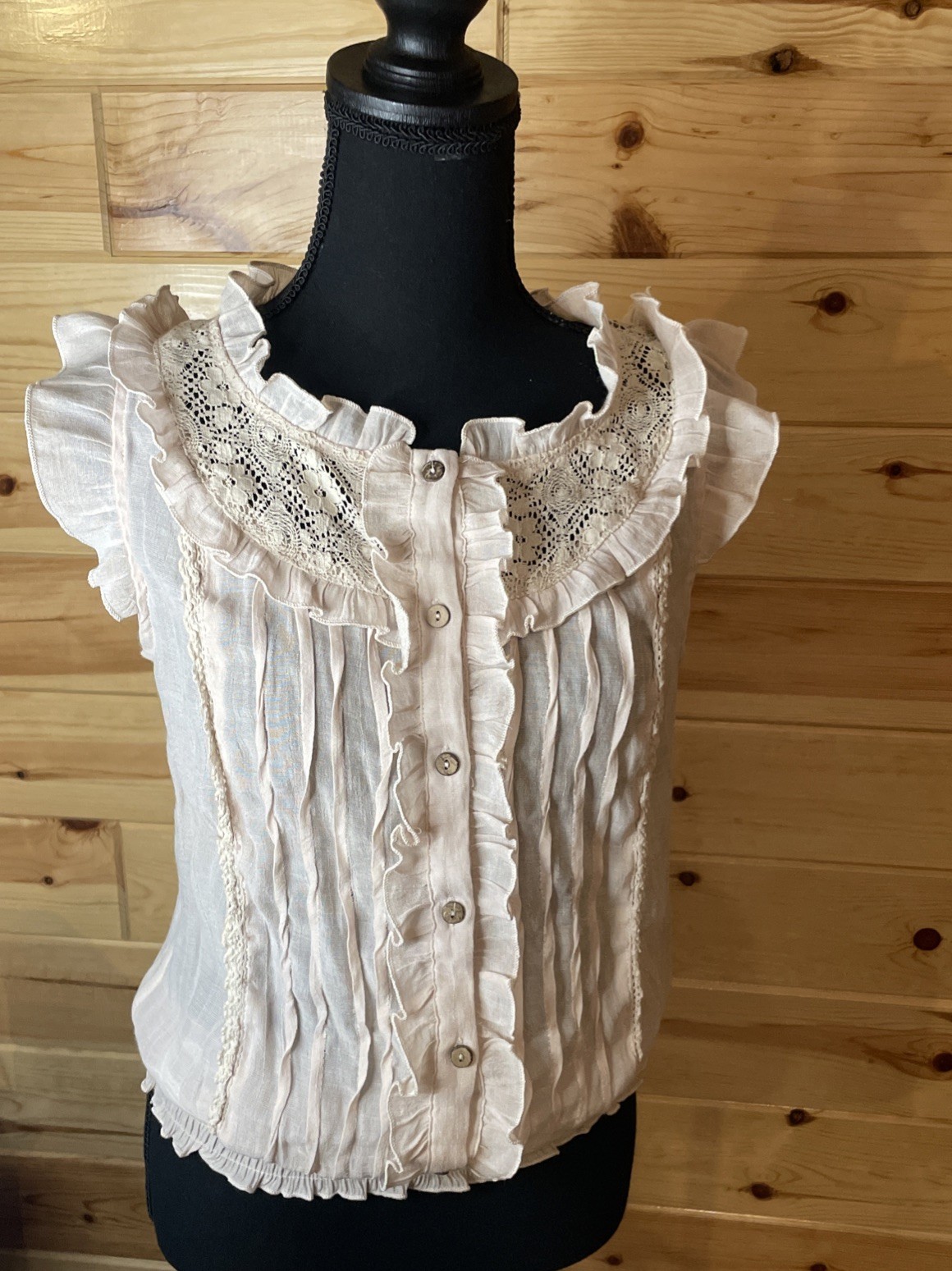 MINE Women Romantic Ruffle Sleeve Top sz M Beige crochet Y2K boho cottagecore