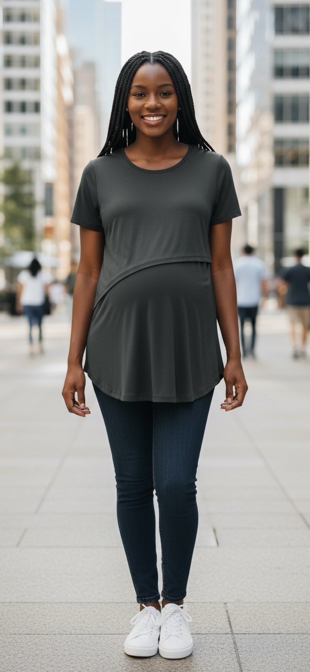 Ekouaer Black Short Sleeve Super Soft Maternity T-Shirt Layered Size Large