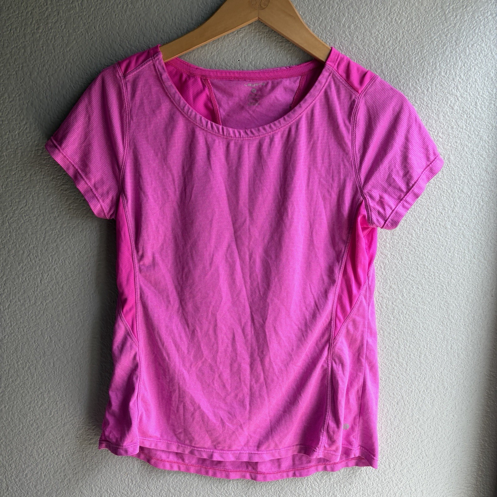 Purple top with vibrant pink technical shirt lightweight layer8 medium