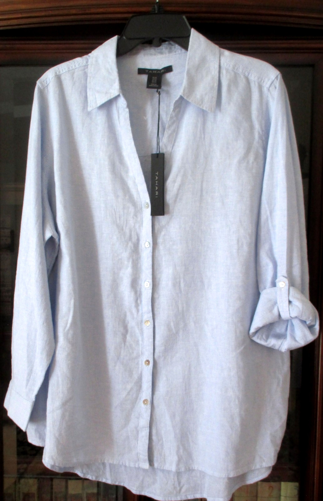 NWT TAHARI Blue White Stripe Stretch Linen Collared Button Down Tunic Top 1X 2X