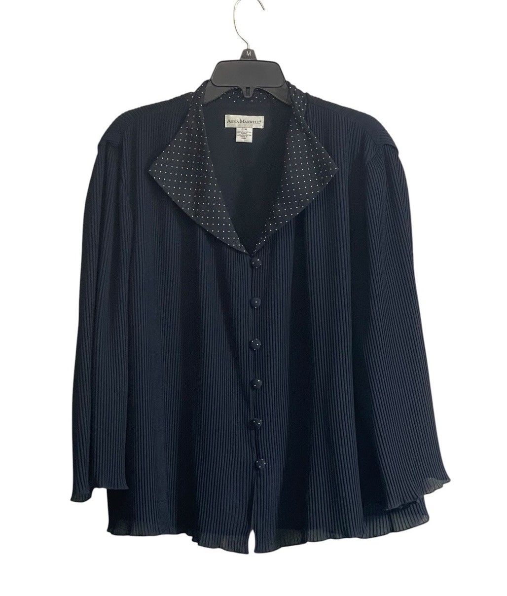 Anna Maxwell Sz 22W Pleated Blouse Navy Blue Chiffon Polka Dot Collar Career