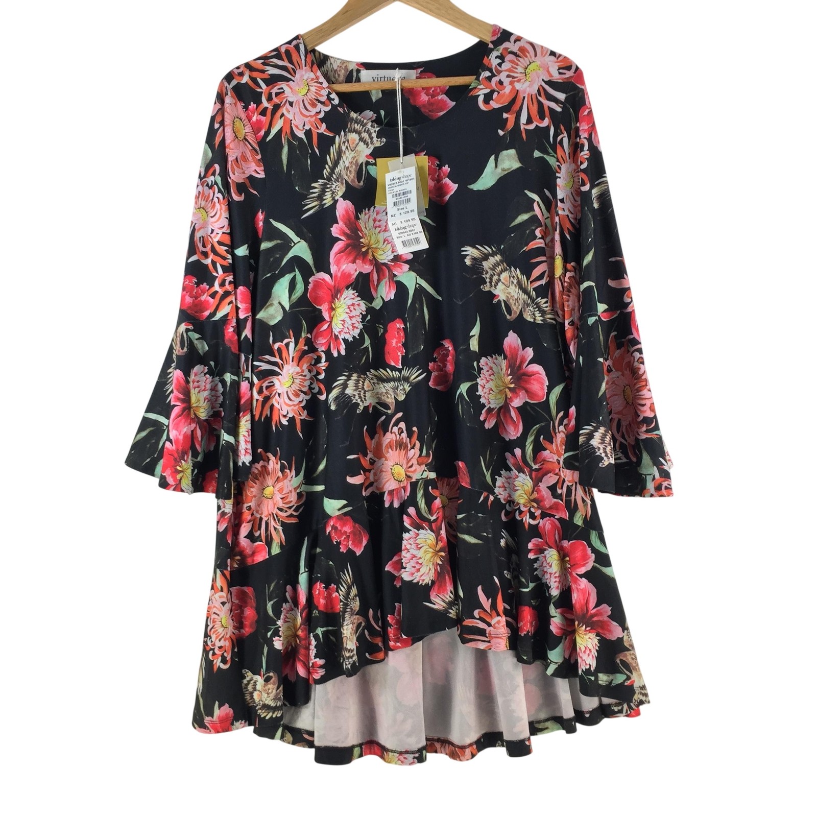Virtuelle Blouse Womens L Multicolour Floral 3/4 Bell Sleeve Tunic Top 132225