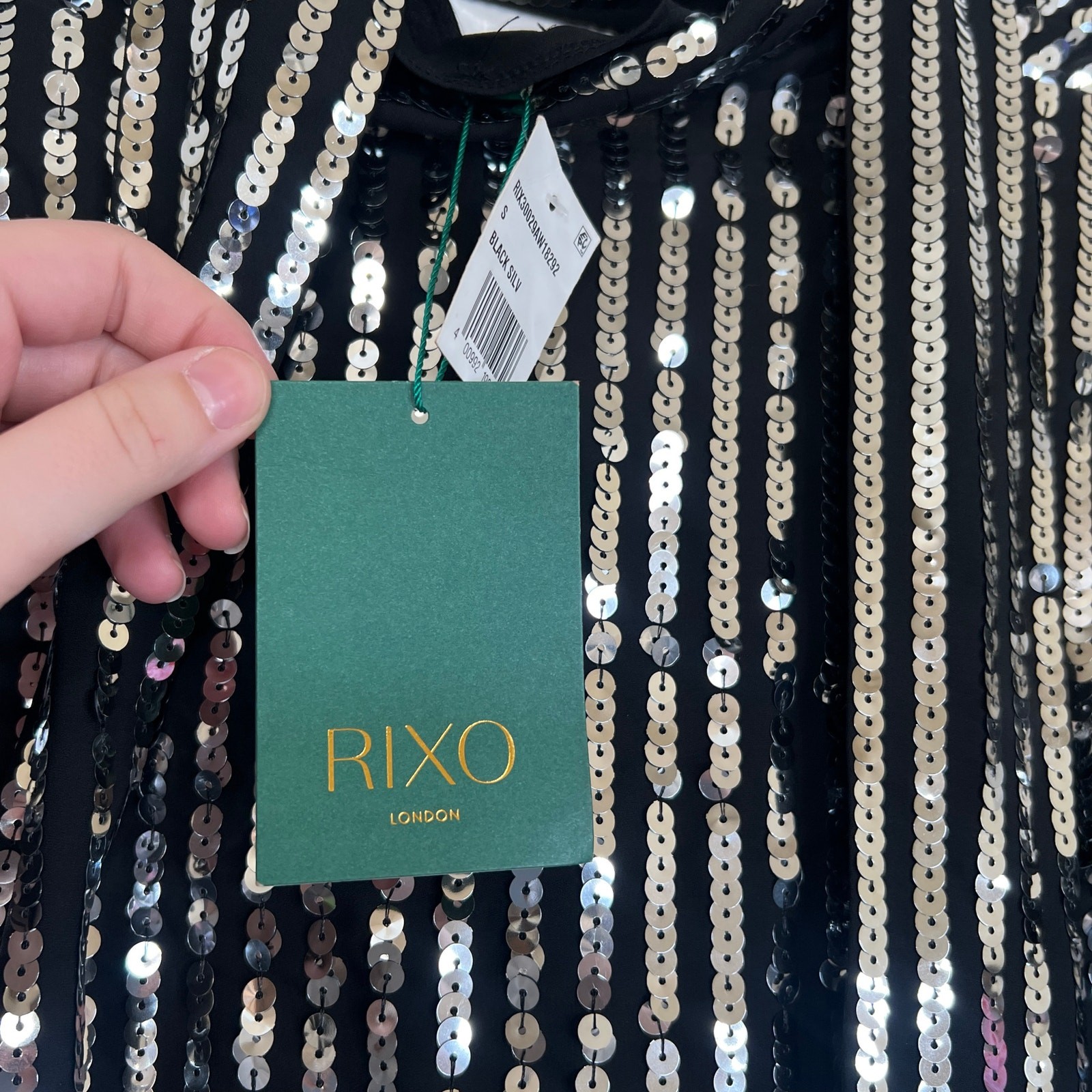 NWT RIXO Moss Black Silver Sequin Stripe Neck Tie Top Size Small Party Holiday