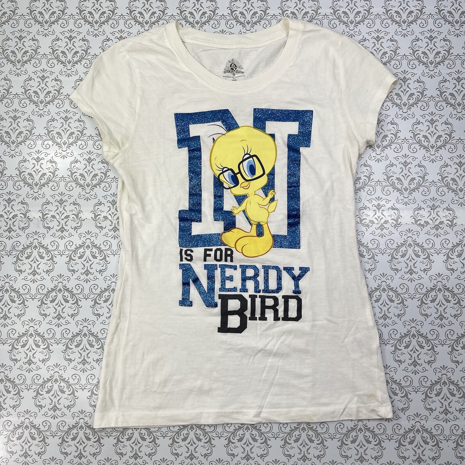 Warner Bros Tweety N is for Nerdy Bird Looney ToonWhite Glitter Top Shirt M 7/9