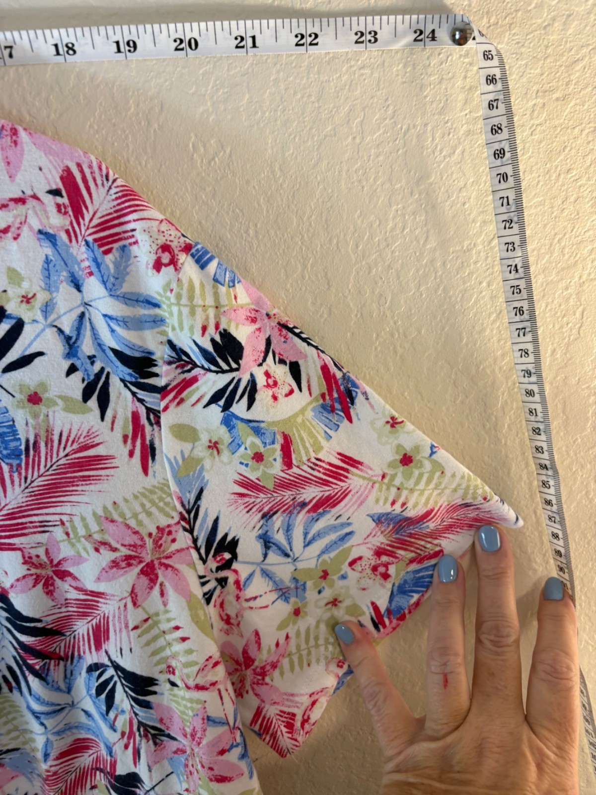Coral Bay Womens XL Tropical Floral Top Pink Blue Palm Print Cotton Stretch Tee