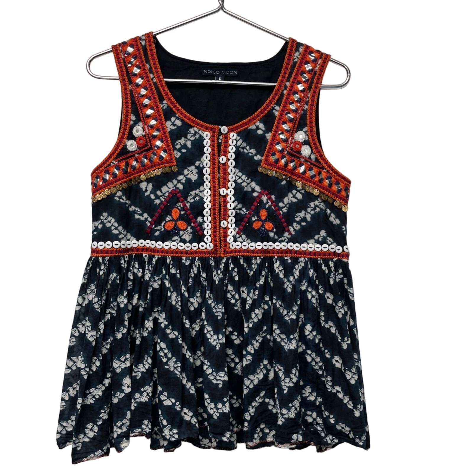 SMALL S Indigo Moon Boho Sleeveless India Print Navy Batik Bangles Mirrors Top