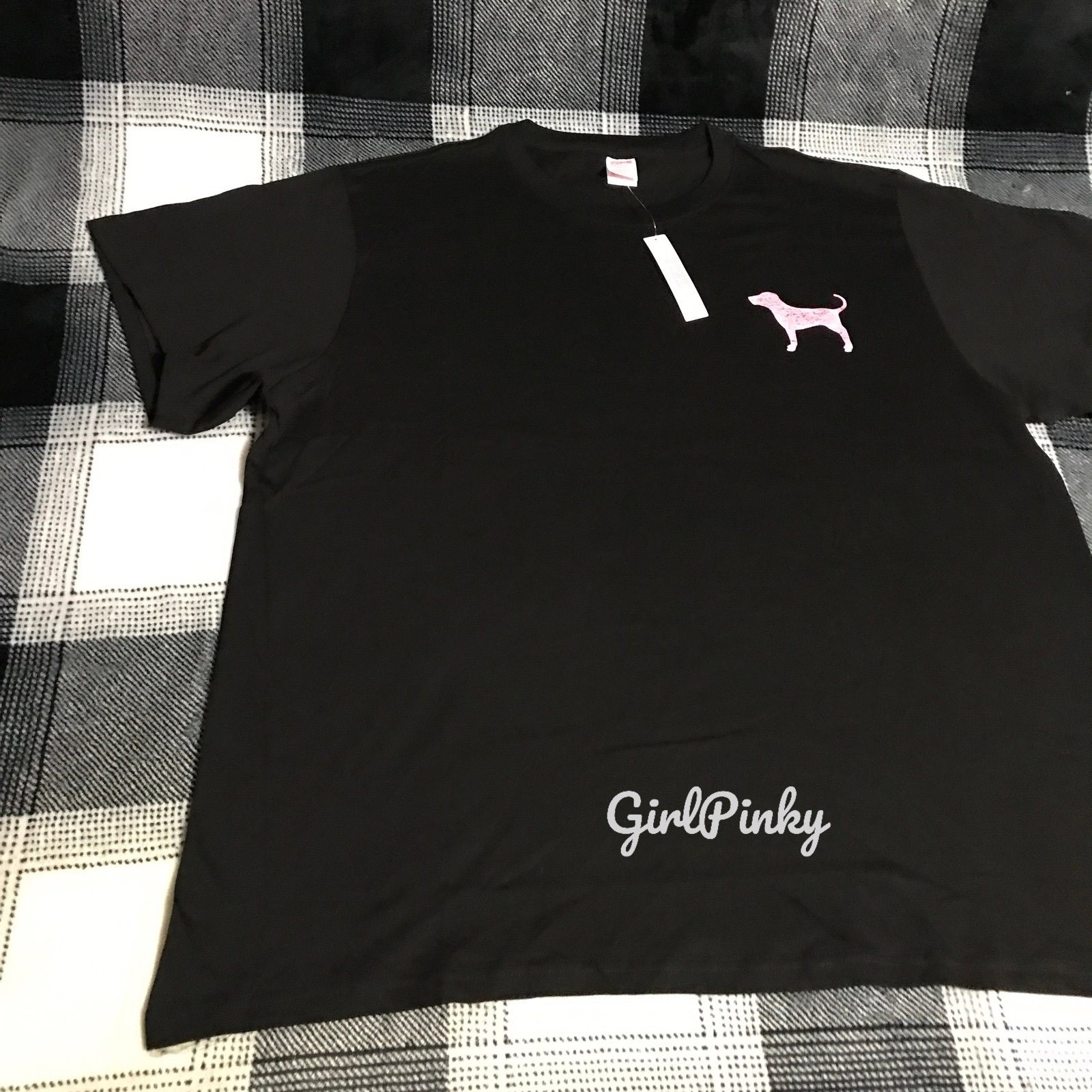 VS PINK BLACK FRIDAY SS CAMPUS COTTON TEE IN BLACK PINK & MINI DOG LOGO LARGE