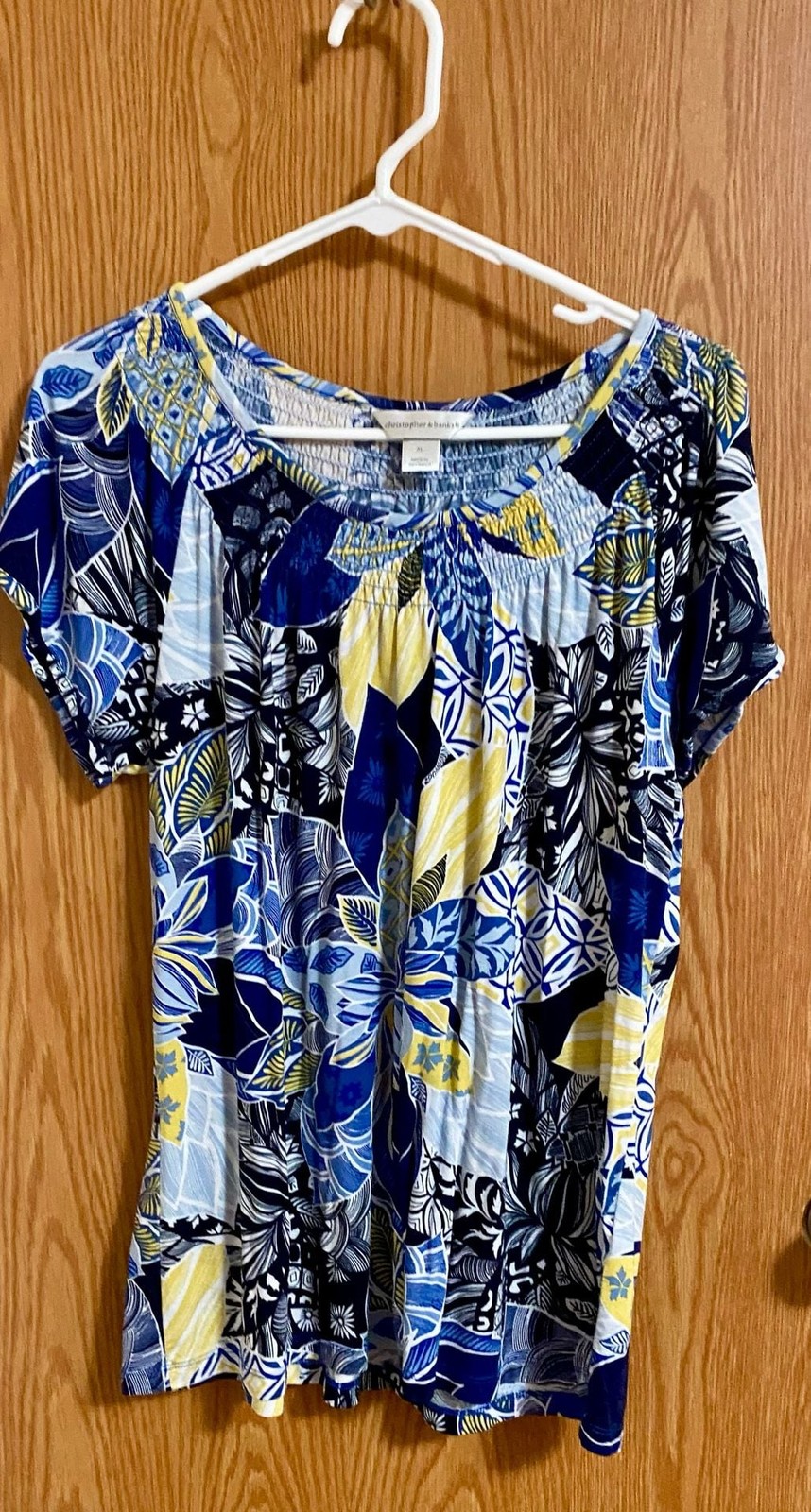 Christopher & Banks Blue Yellow Floral Smocked Neckline Short Sleeve Blouse Top