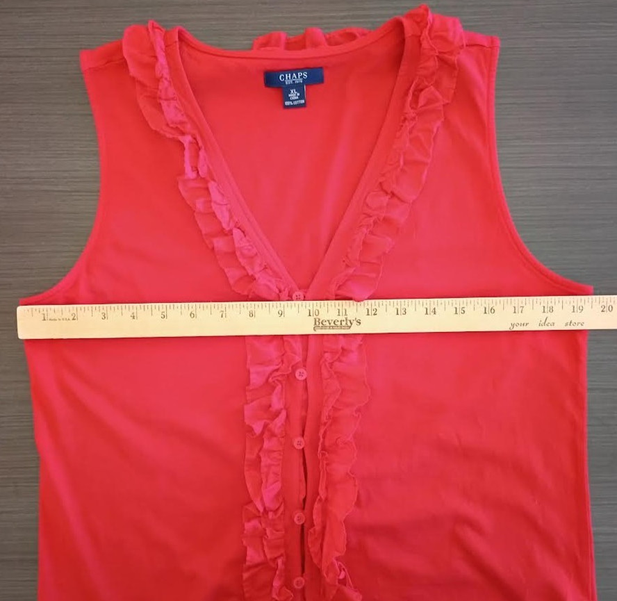 CHAPS WOMEN’S TOP RED SLEEVELESS RUFFLE LOOP BUTTONS STRETCH 100% COTTON SIZE XL