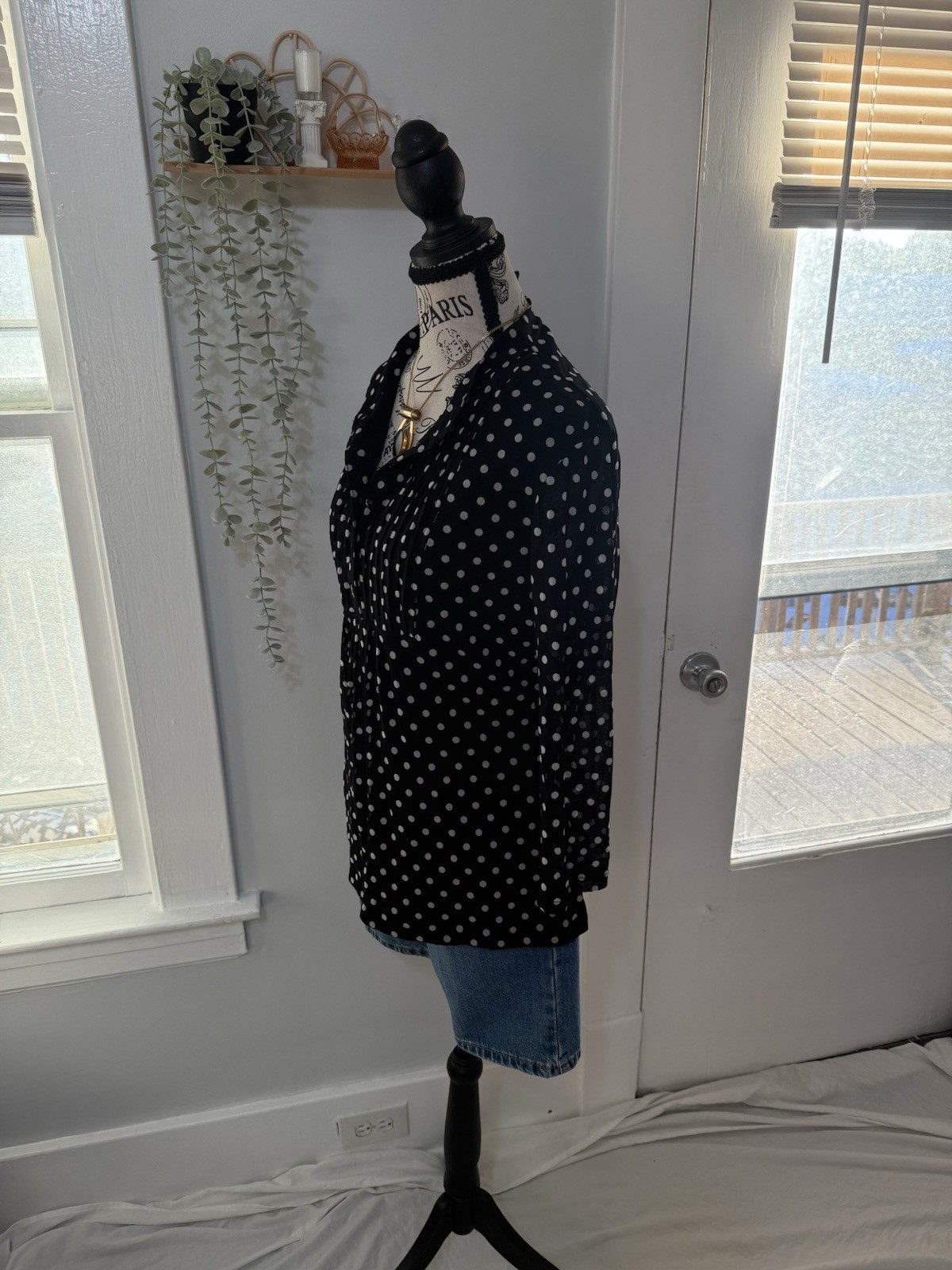 INC International Concepts Black/White Polka Dot V-Neck Button Woven Blouse XL