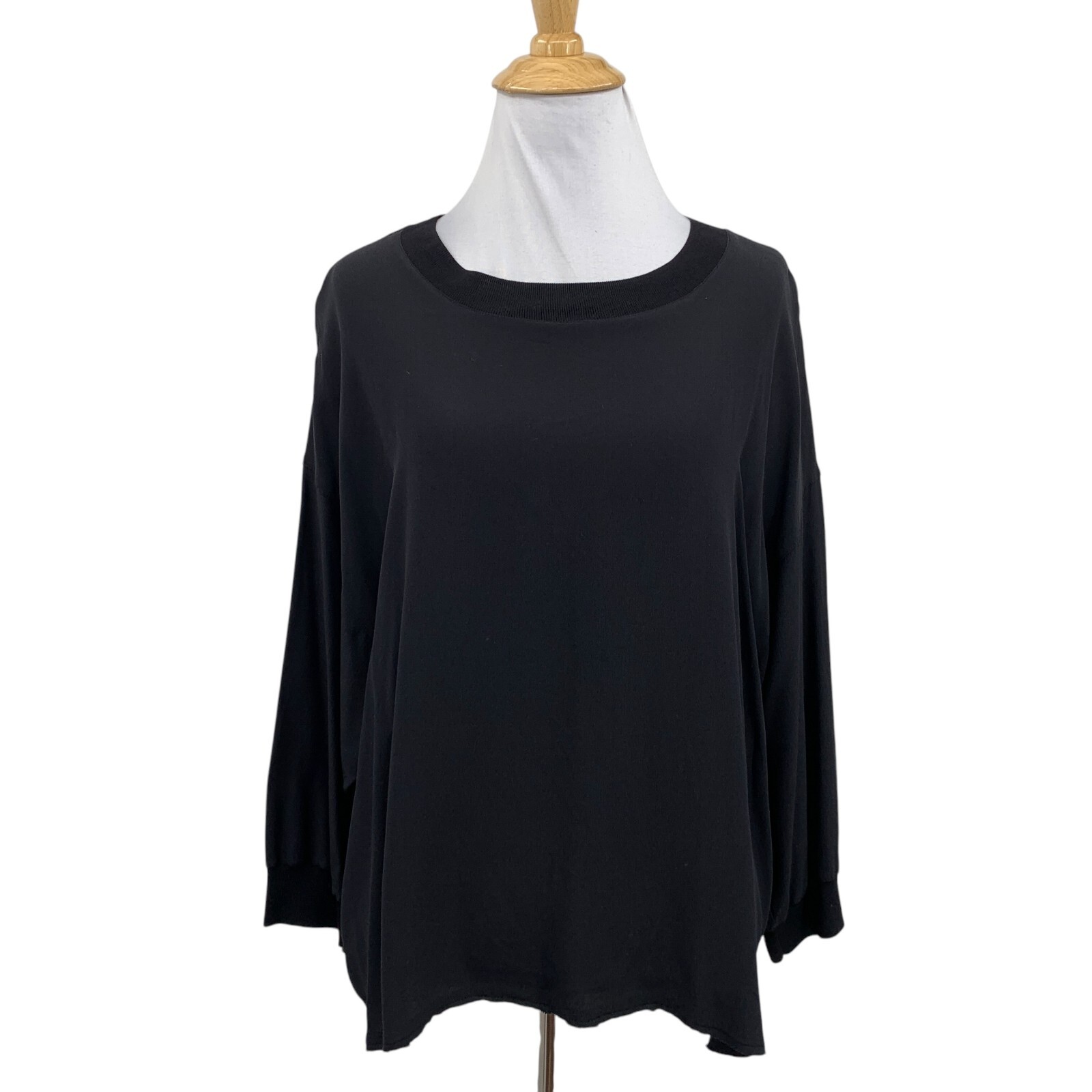 Vince Top Womens S Small Black Silk Satin Crepe Long Sleeve Ribbed Knit Boxy