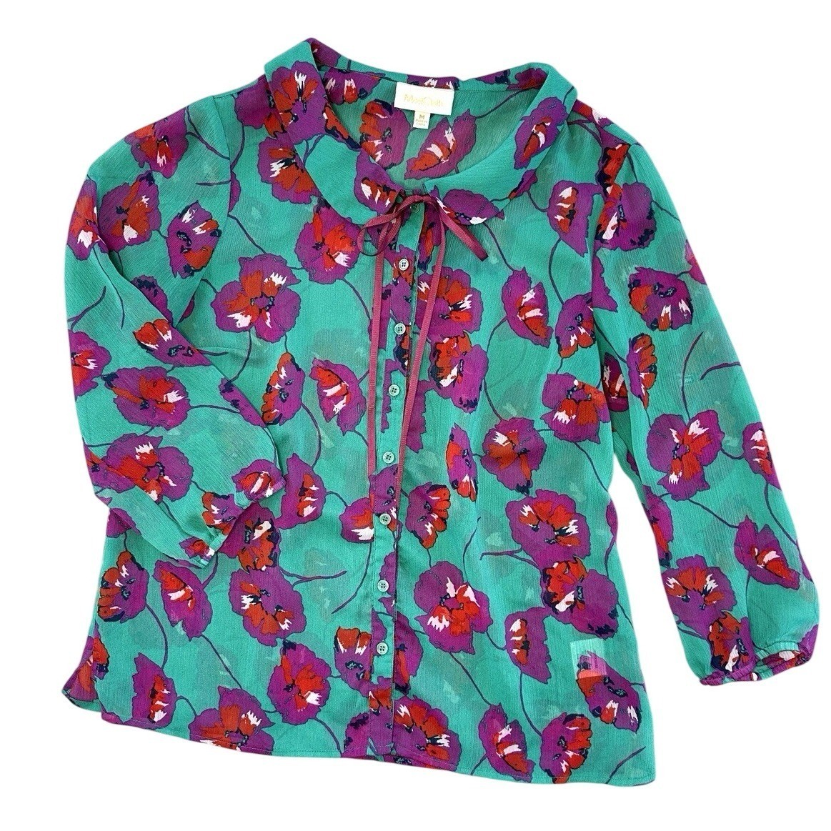 ModCloth Floral Blouse Size Medium Peter Pan Collar Bow Chiffon Art Hoe Teacher