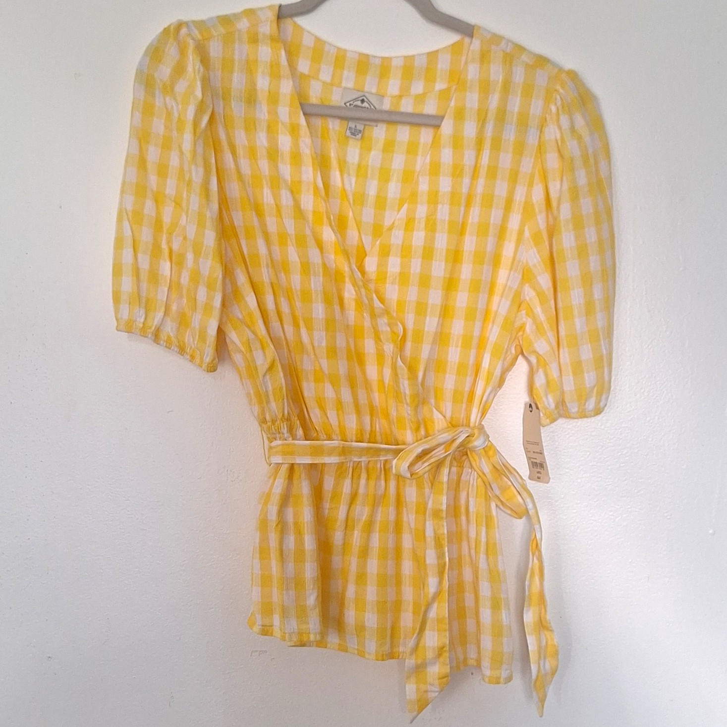 St. John’s Bay Yellow White Gingham Wrap V-Neck Tie Puff Sleeve Blouse L