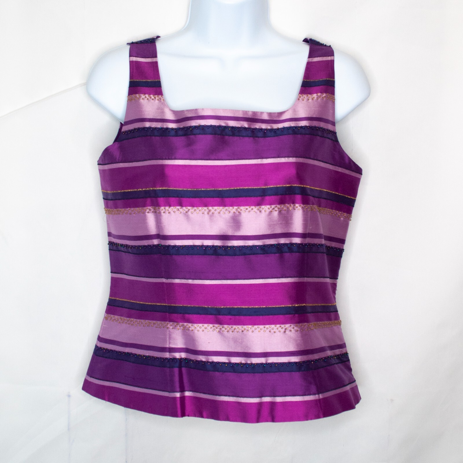 NEW Casual Corner Silk Beaded Tank Top Womens 2 Purple Satin Blouse Y2K AA11