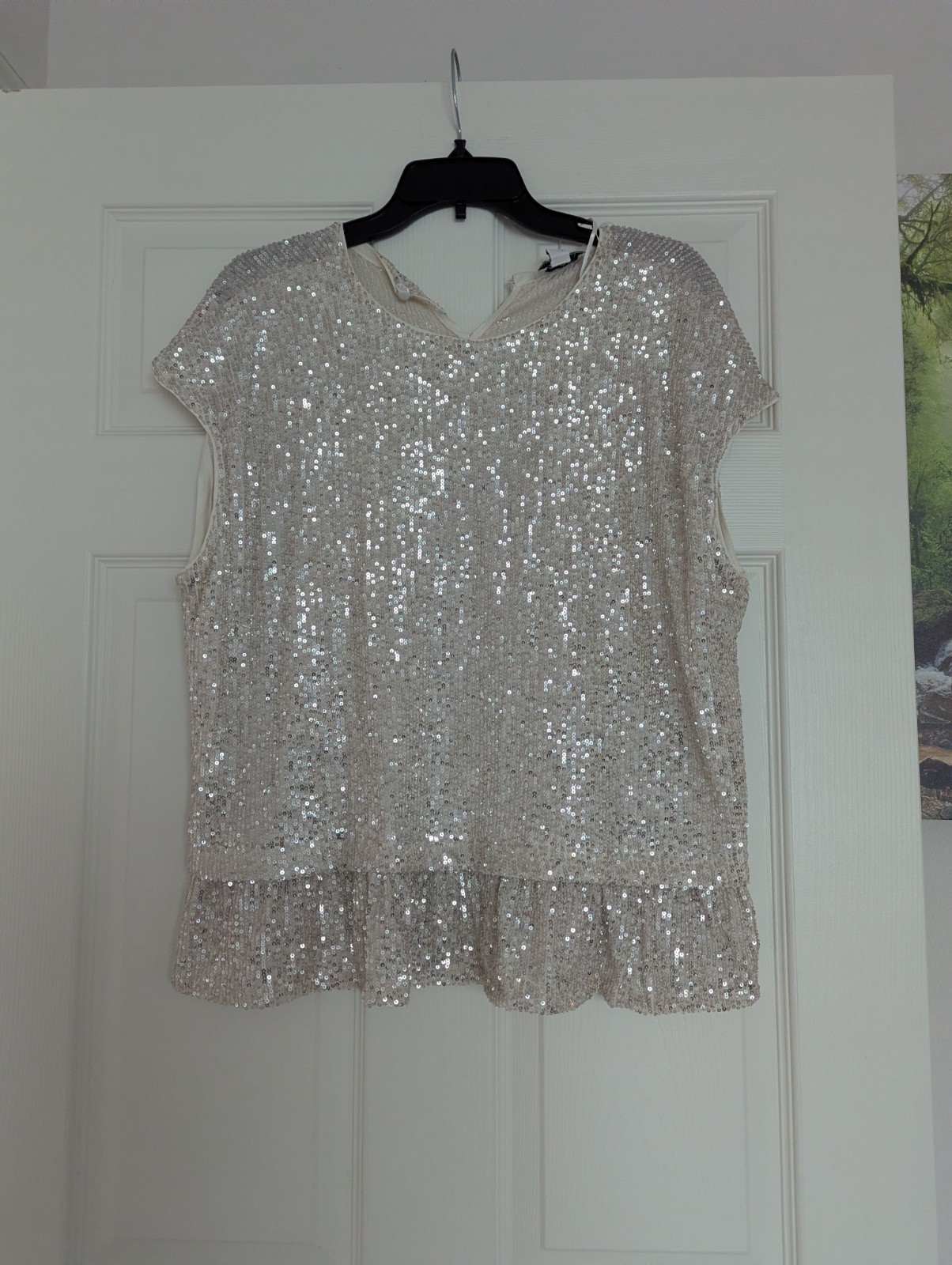 CeCe Champagne Silver Sequin Peplum Top Sleeveless Crew Neck Keyhole Back XL NEW