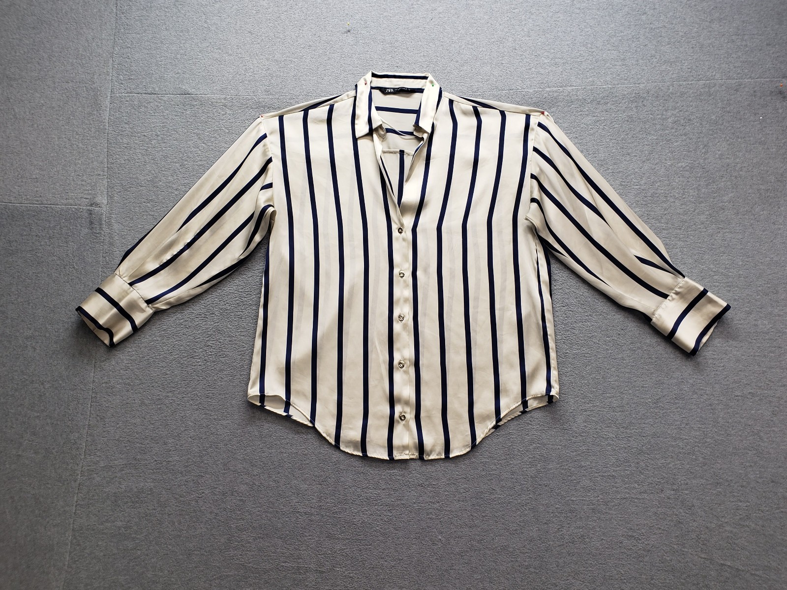 Zara Women Tops S Cream Navy Blue Striped Button Front Collared Long Sleeve City