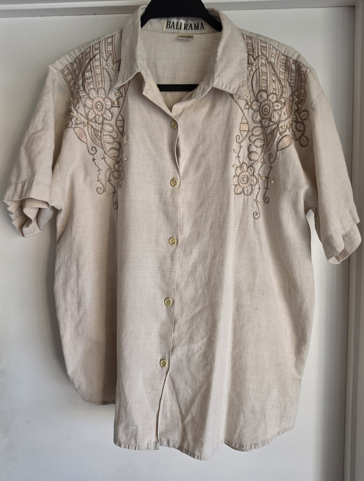 VTG Bali Rama Blouse Womens L Floral Linen Beige Top Shirt Embroidery Pearls